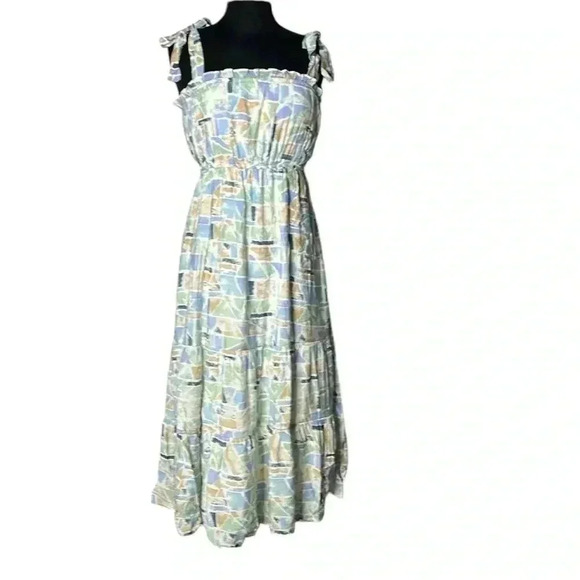 Blu Pepper Artsy Art Deco Multicolor Midi Tiered Ruffled Dress Size L - Picture 1 of 10